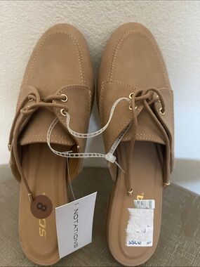 Notations Tan Slip-On Lace-Up Mules with Gold Eyelets